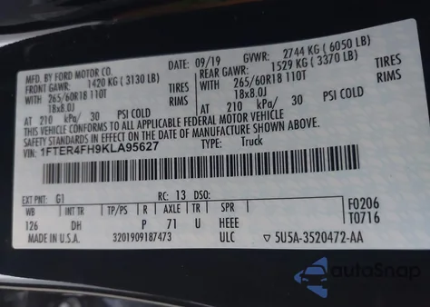 2019 Ford Ranger Lariat from USA, damaged, VIN 1FTER4FH9KLA95627